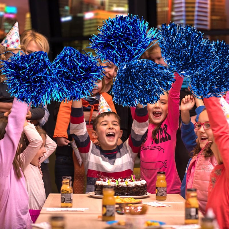 CUGBO 24Pcs Cheerleading Pom Poms, 1 Dozen Handle Metallic Foil Flower Ribbons Cheerleader Pompoms, Kids Children Ball Dance Sports Coaches Game Party Fancy (Blue) - Image 5